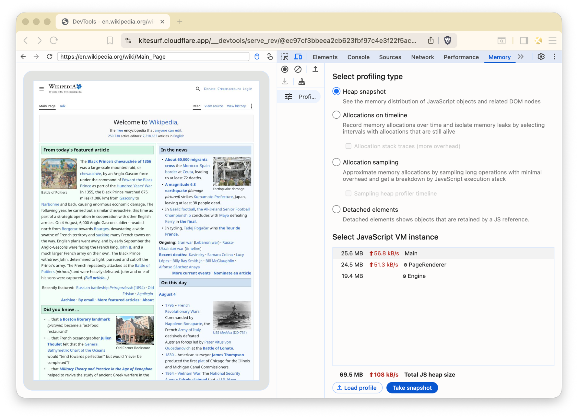 Скриншот playground: слева отрисованная Kitesurf главная Wikipedia, справа панель Memory в Chrome DevTools с расходом по изолятам